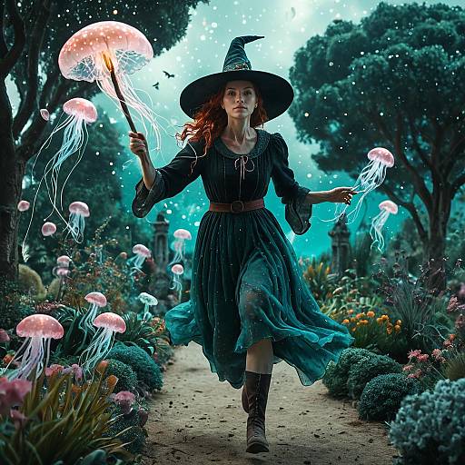 Fantasy Witch Woman in Magical Enchanted Garden with Glowing Jellyfish