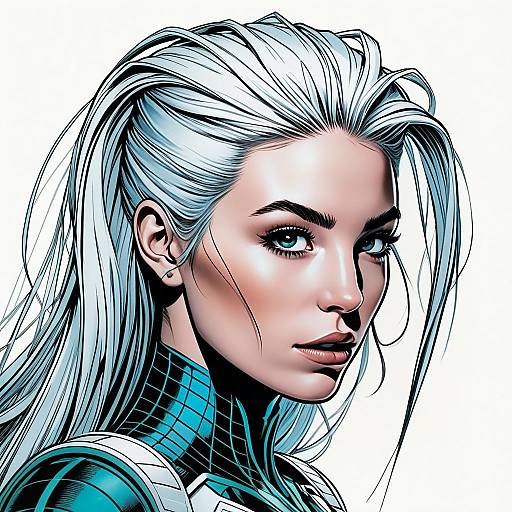 Realistic Digital Portrait of Woman with Silver Hair in Futuristic Style