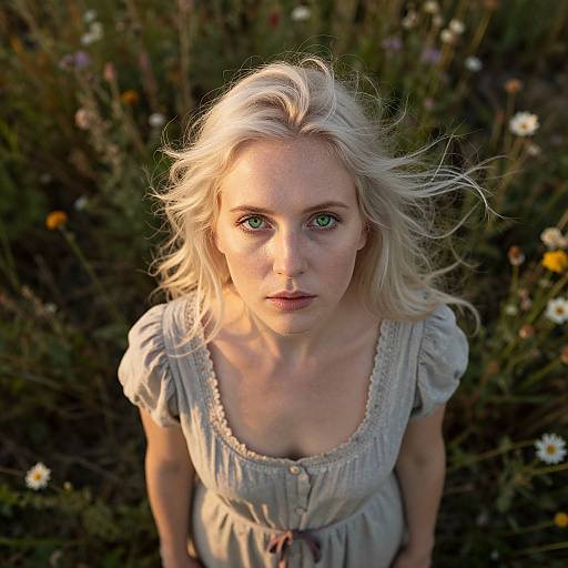 Portrait of Young Woman with Green Eyes in Wildflower Field