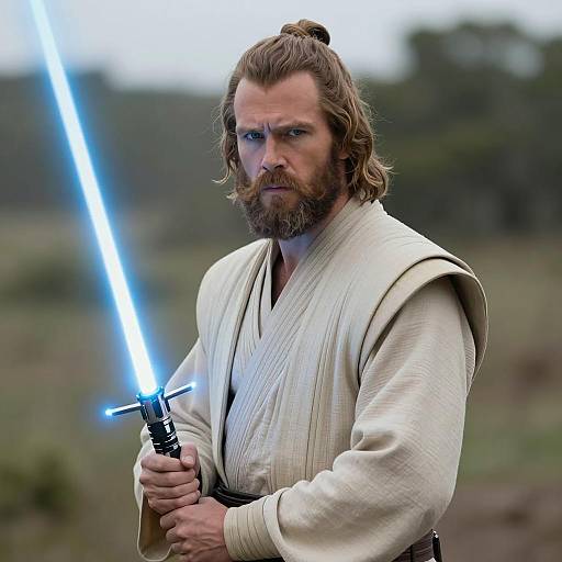 Man with Blue Lightsaber in Jedi Robes Outdoors - Star Wars Style