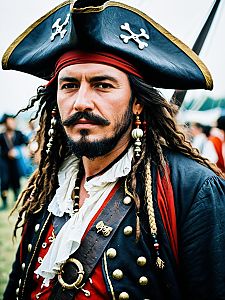 Man in Pirate Costume at Festival Cosplay Portrait Photorealistic