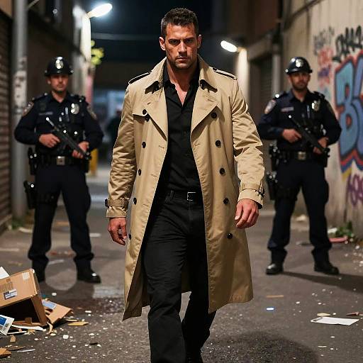 Man in Beige Trench Coat Walking Confidently with Police Officers in Urban Alley