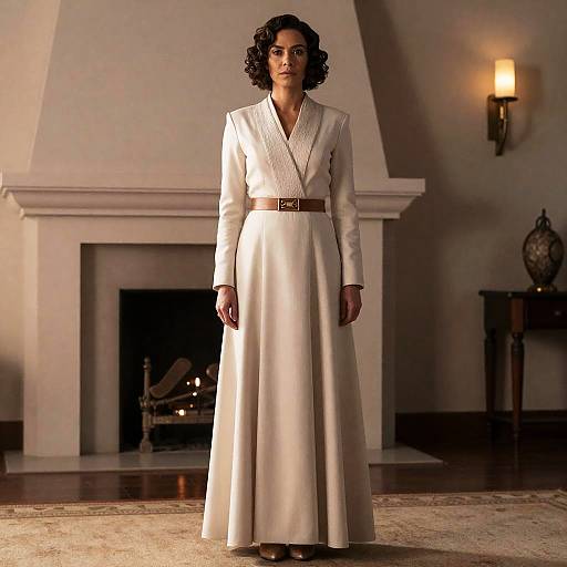 Elegant Woman in Classic Long Cream Dress with Brown Belt