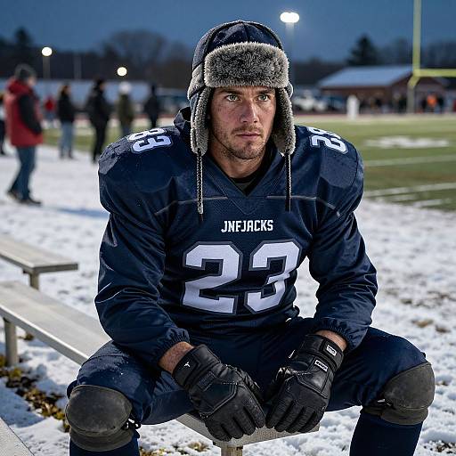 American Football Player in Winter Gear Sitting on Bench