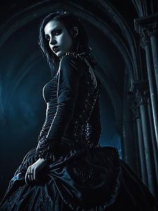Gothic Woman in Black Corset Dress in Dark Arched Hall