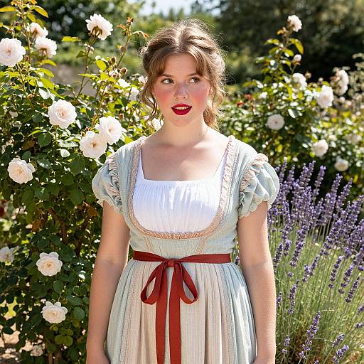 Young Woman in Vintage Dress Standing in Rose and Lavender Garden