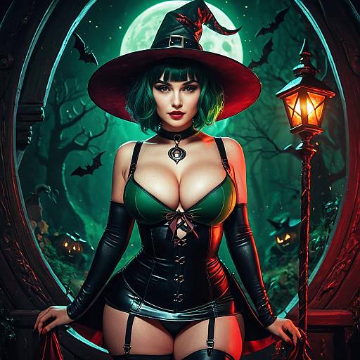Sexy Witch in Halloween Forest with Full Moon and Bats