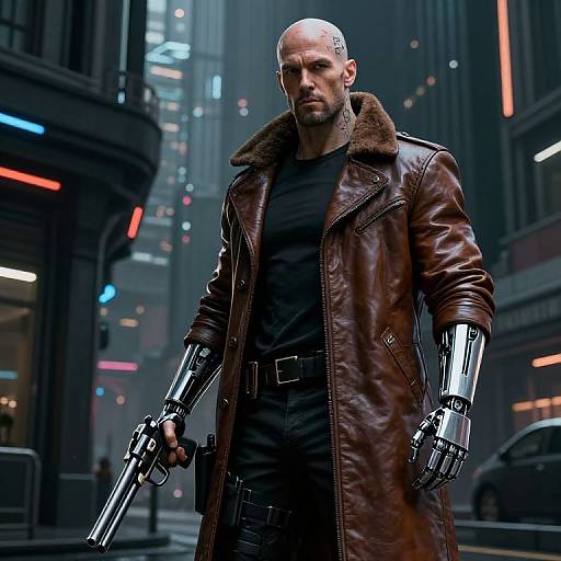 Cyberpunk Man with Robotic Arms in Futuristic Urban Setting