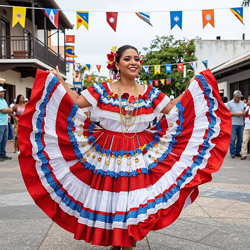 Woman in Traditional Red White Blue Folkloric Dress Dancing at Outdoor Festival