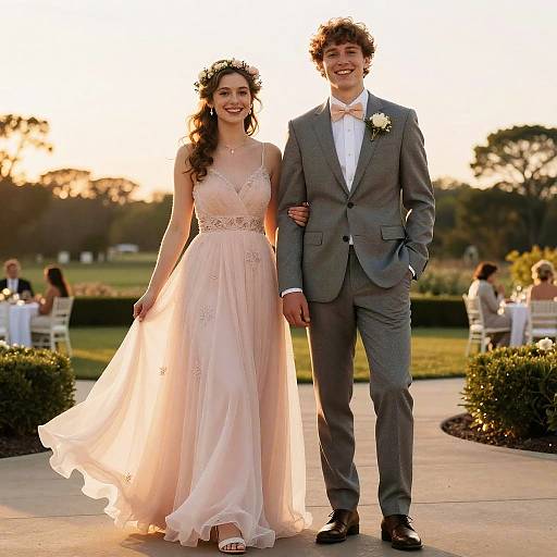 Young Couple in Elegant Prom Attire Walking Outdoors at Sunset