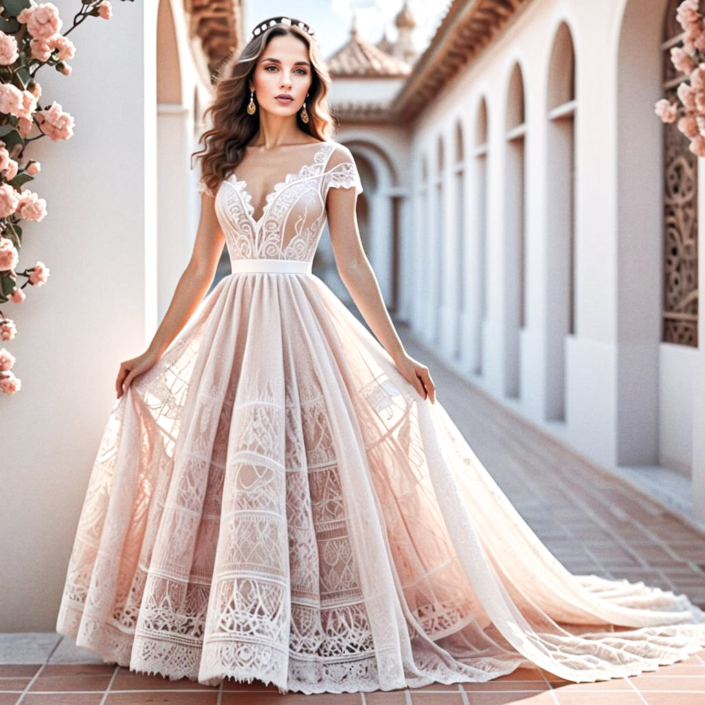 Elegant Woman in Lace Gown in Pastel Architectural Space