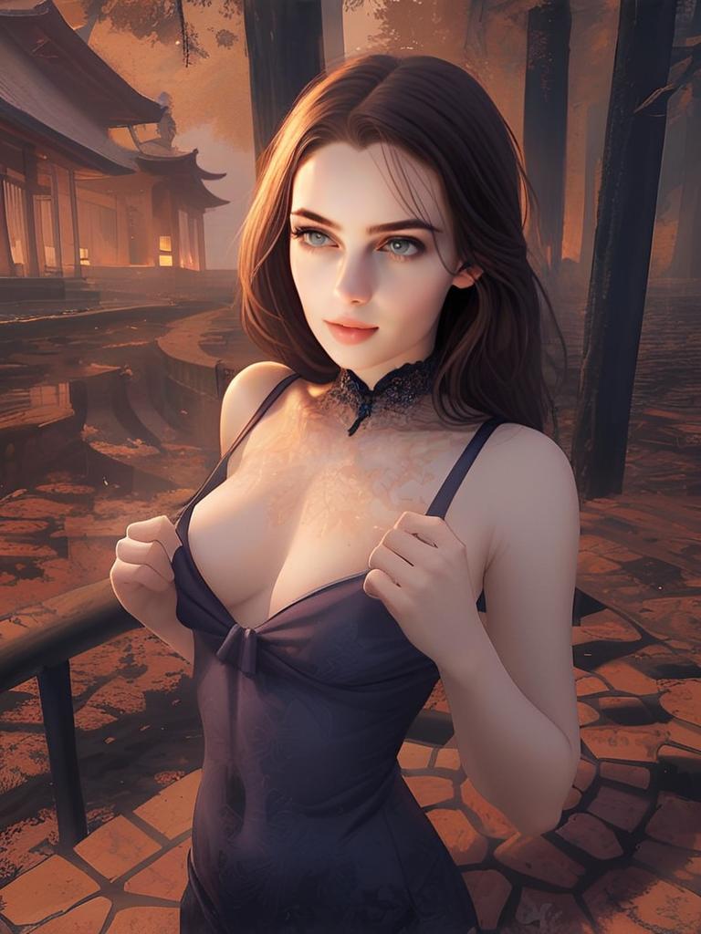 Digital Portrait of Elegant Woman in Asian-Inspired Outdoor Setting
