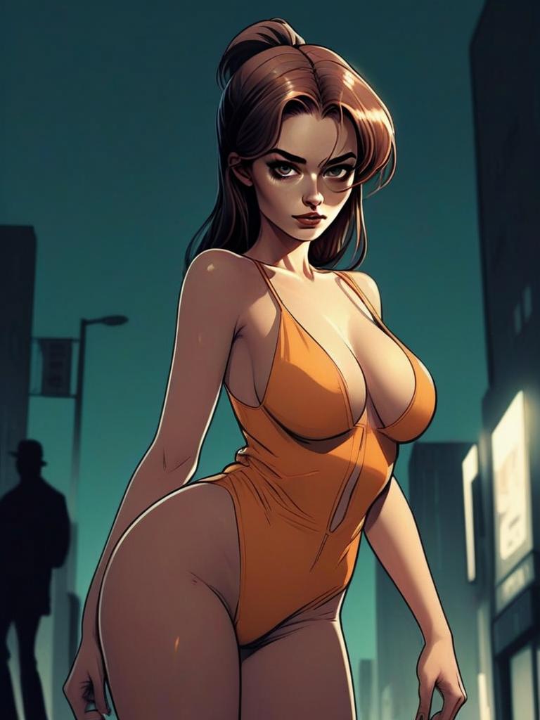 Stylized Digital Art of Woman in Orange Bodysuit at Night Urban Scene