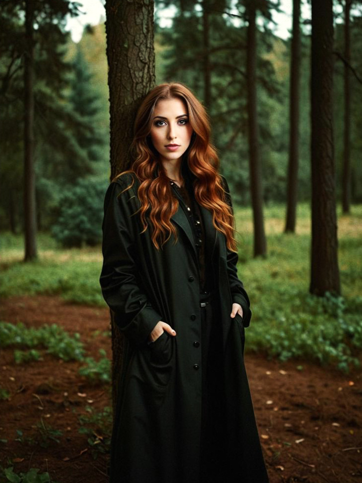 Woman in Dark Coat with Red Hair in Forest