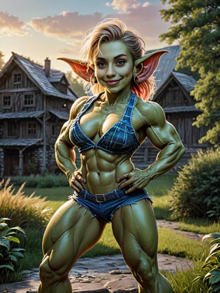 Muscular Female Goblin Bodybuilder in Fantasy Setting