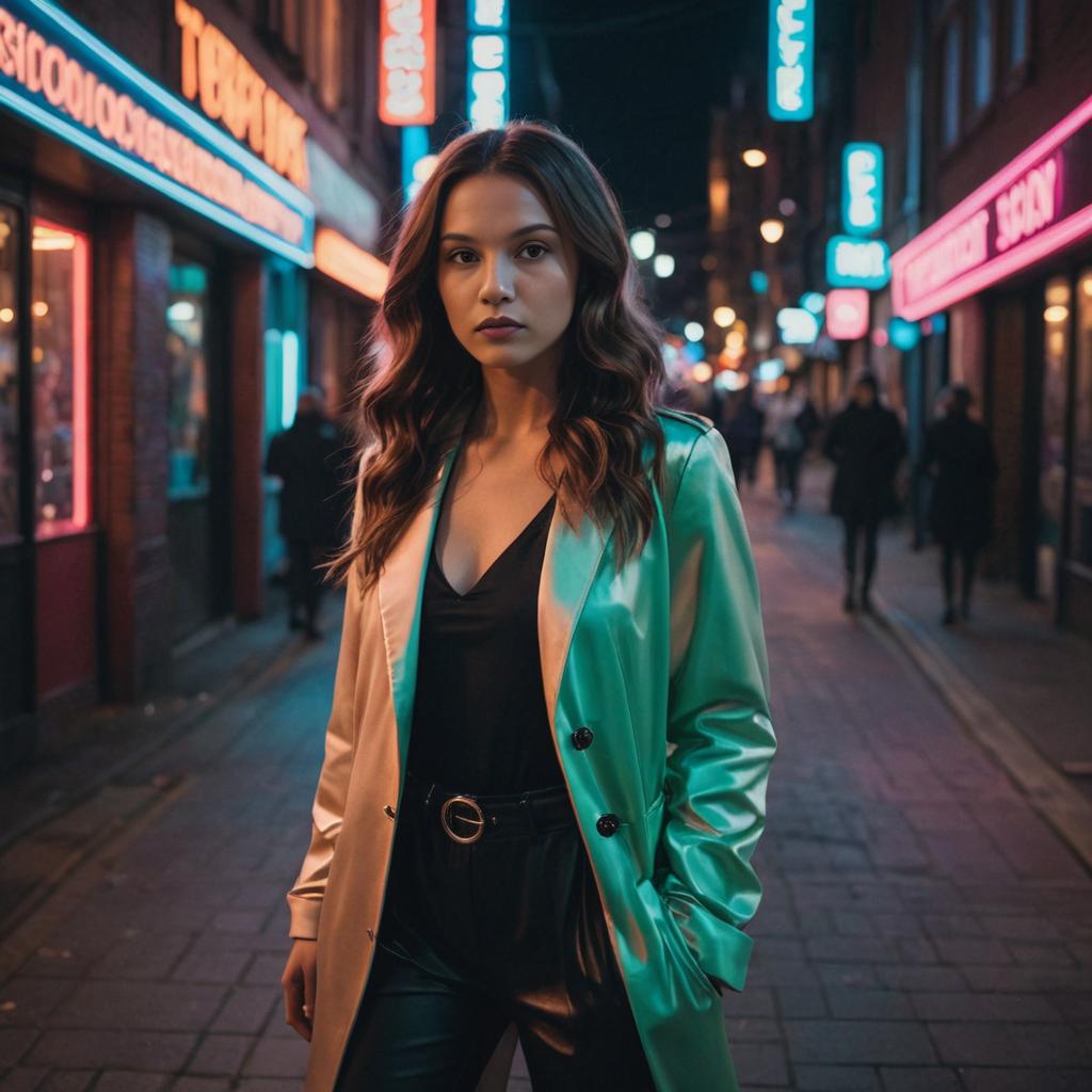 Woman in Vanessa Kensington Costume on Neon-Lit Street