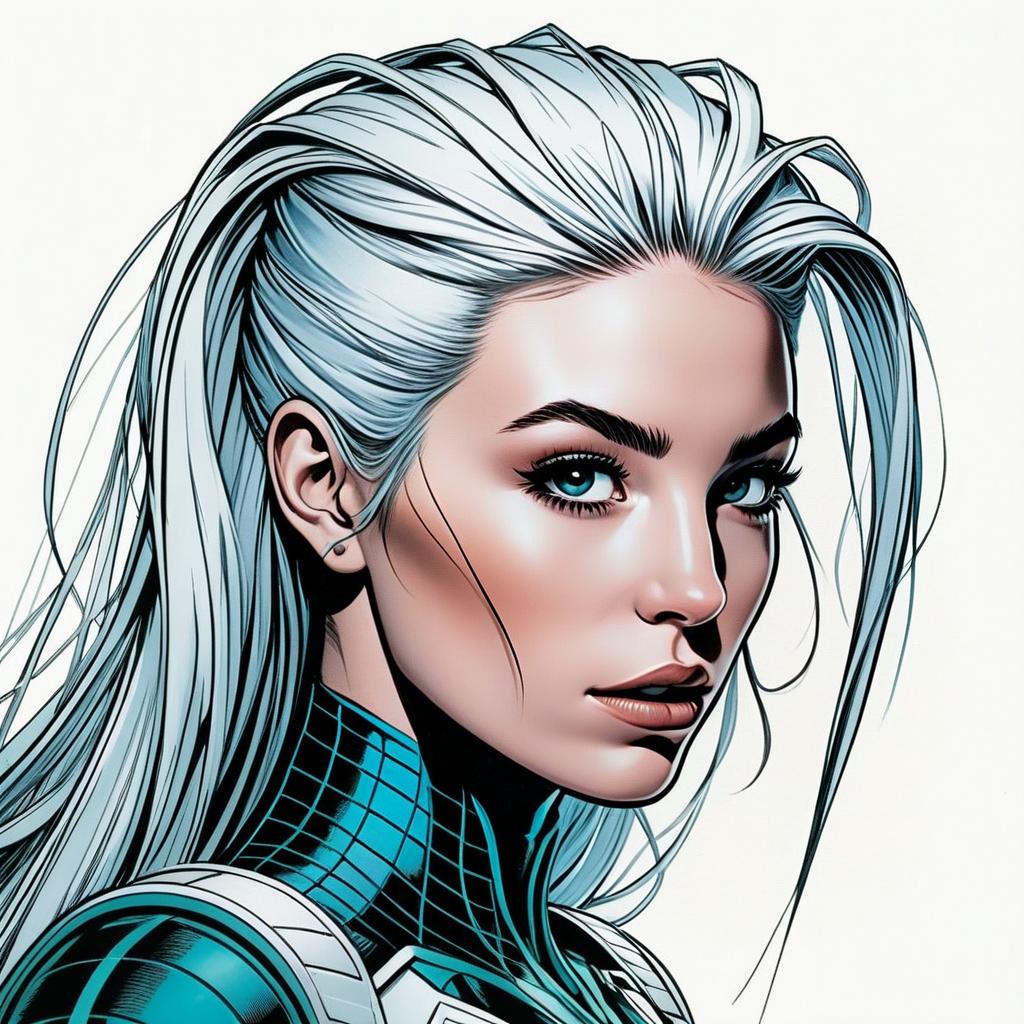 Realistic Digital Portrait of Woman with Silver Hair in Futuristic Style