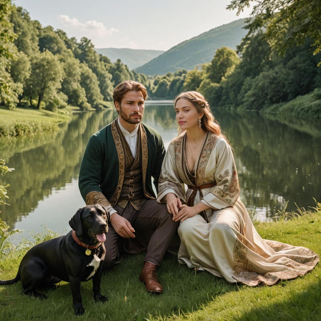 Vintage couple with dog by scenic lake