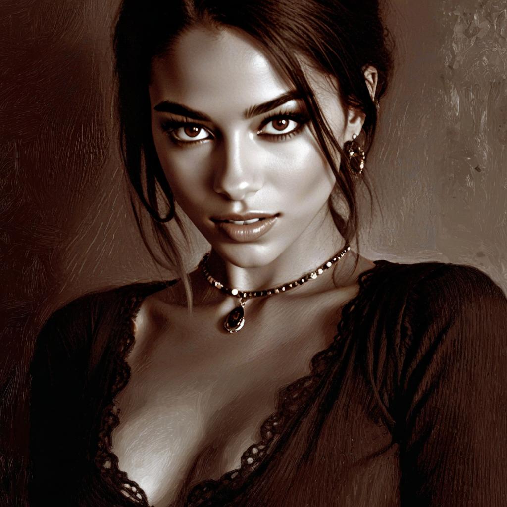 Elegant Portrait of Woman with Pendant Necklace and Lace Top