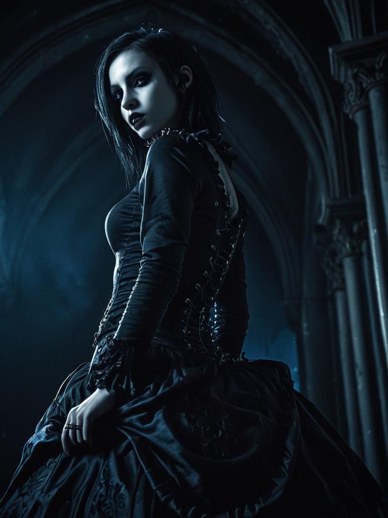 Gothic Woman in Black Corset Dress in Dark Arched Hall