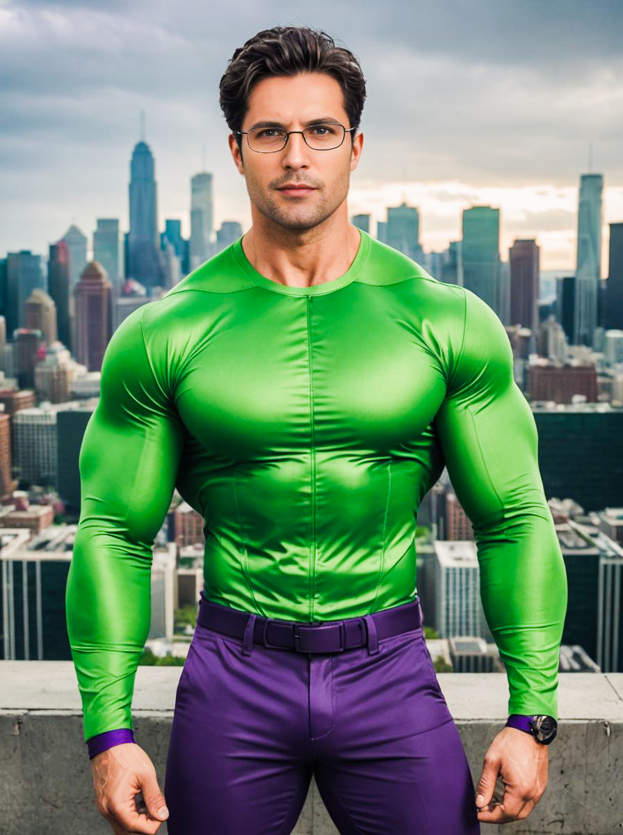 Muscular Superhero in Green Costume on Rooftop