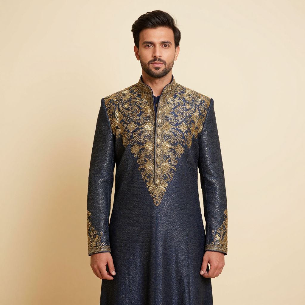 Elegant Navy Blue Sherwani with Gold Embroidery for Men