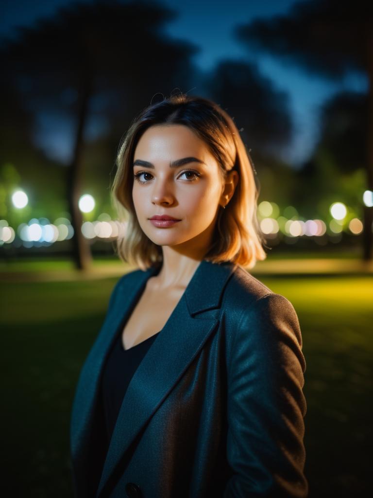 Elegant Woman Portrait in Park at Night