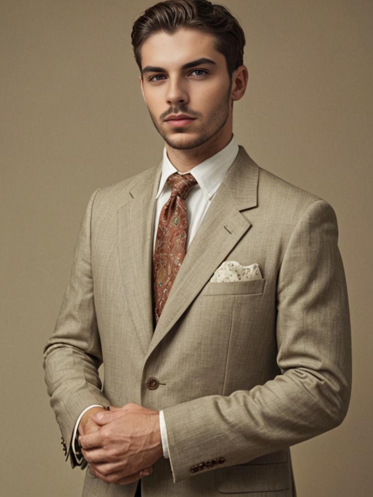 Confident man in beige suit with tie and pocket square