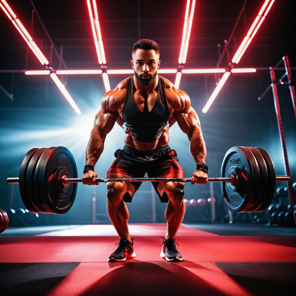 Muscular Man Deadlifting in Neon Gym