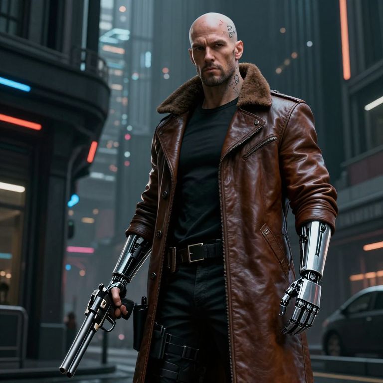 Cyberpunk Man with Robotic Arms in Futuristic Urban Setting
