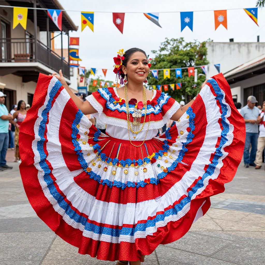 Woman in Traditional Red White Blue Folkloric Dress Dancing at Outdoor Festival