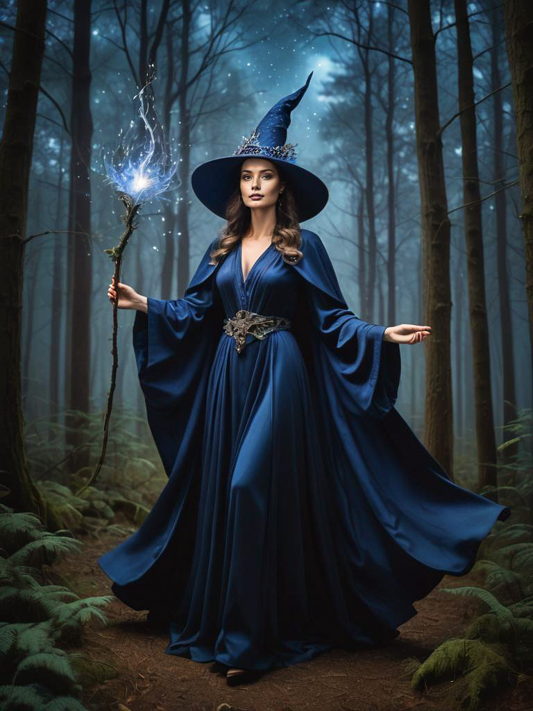 Mystic Woman in Blue Gown in Magical Forest