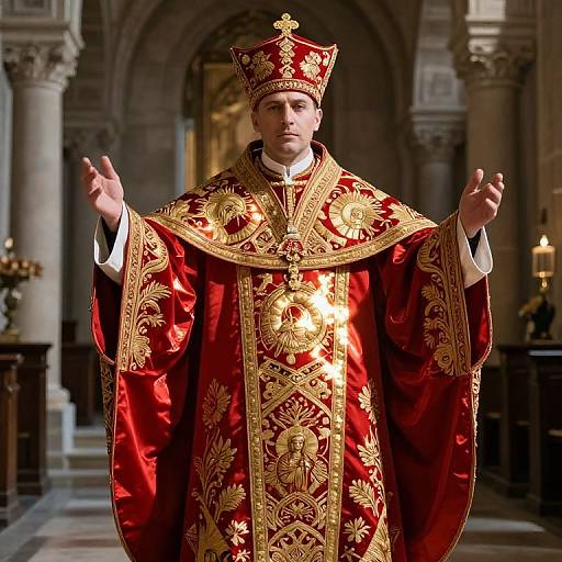 Man in Ornate Red and Gold Bishop Robe Inside Cathedral