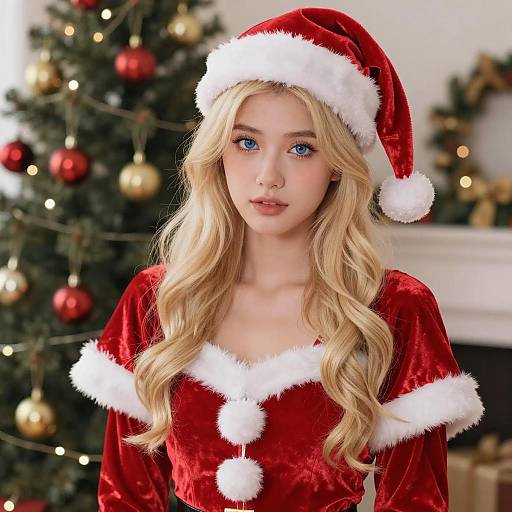Young Woman in Santa Outfit with Christmas Tree Background