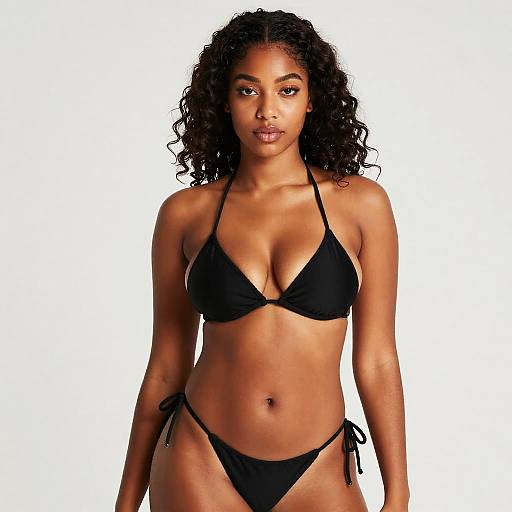 Young Woman Wearing Black String Bikini Minimalist Swimwear