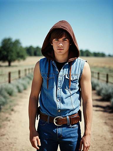 Young Man Wearing Sleeveless Denim Vest and Brown Hood in Outdoor Rural Setting
