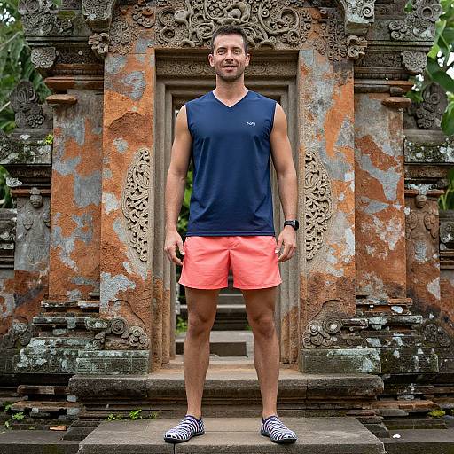 Man in Navy Sleeveless Shirt and Coral Shorts at Traditional Balinese Stone Gateway