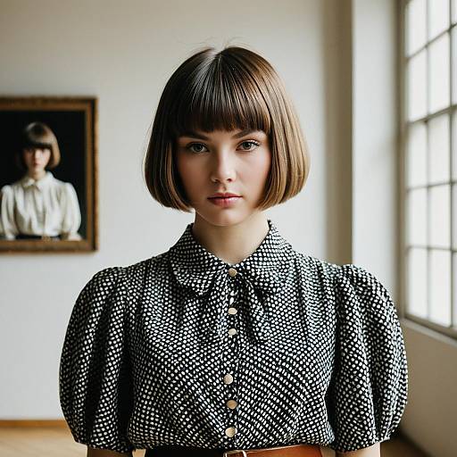 Portrait of Woman in Vintage Polka-Dot Blouse with Bob Haircut