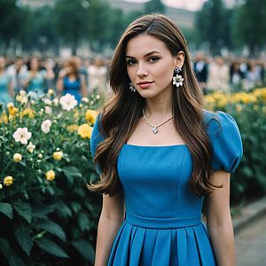 Elegant Young Woman in Garden with Flowers