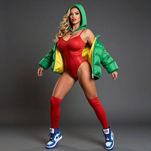 Woman in Red Bodysuit and Green Puffer Jacket with Sportswear Style