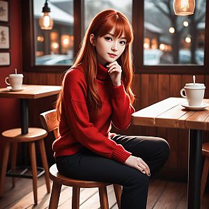 Young Woman in Red Sweater at Cozy Café