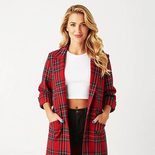 Young Woman in Red Plaid Coat and White Crop Top Fashion Portrait