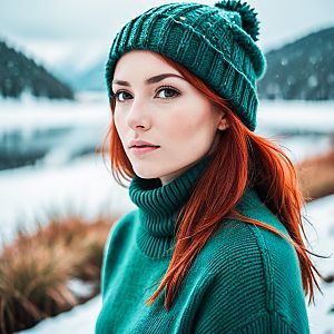 Young Woman with Red Hair in Winter Landscape