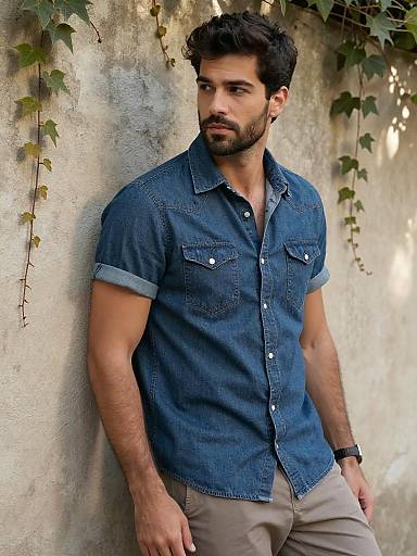 Casual Gen Z Man in Denim Shirt Outdoors with Ivy Background