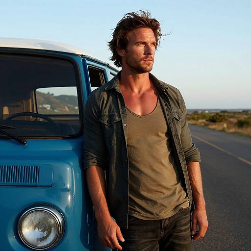Thoughtful Man Standing by Classic Blue Van on Road at Sunset