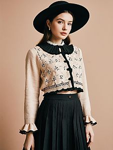 Vintage Style Woman in Embroidered Cardigan and Pleated Skirt with Black Hat