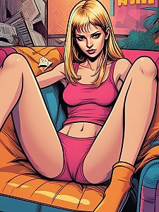 Blonde Woman in Pink Crop Top and Shorts Comic Style Illustration