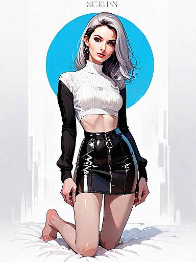 Realistic Comic Style Woman in Black Mini Skirt and White Cropped Top Full Body Portrait