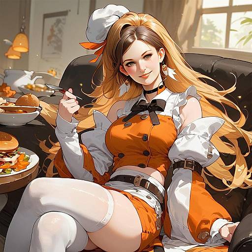 Anime Girl in Orange Maid Outfit Relaxing in Cozy Room with Food
