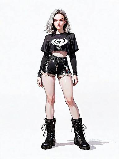 Realistic Comic Style Portrait of Woman in Black Crop Top and Shorts